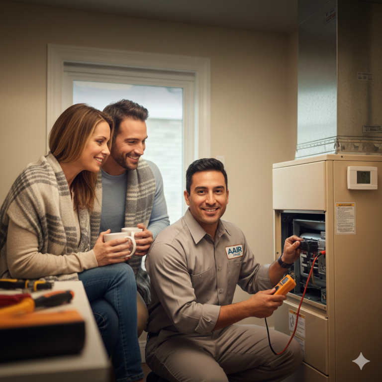 Aair HVAC technician inspecting a residential heating unit for winter readiness.