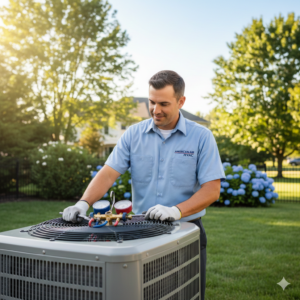 Professional HVAC technician from American Air HVAC performing an AC tune-up and pressure check on a central air conditioning unit in Livonia, MI.