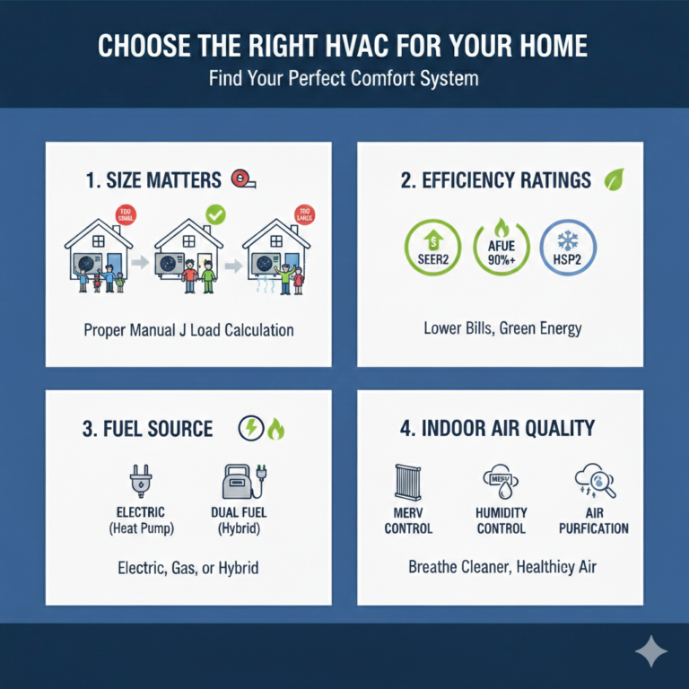 It features four sections: Size Matters (comparing under-sized, perfect-sized, and over-sized units), Efficiency Ratings (listing SEER2, AFUE, and HSPF2), Fuel Source (Electric and Dual Fuel), and Indoor Air Quality (Humidity Control and Air Purification).