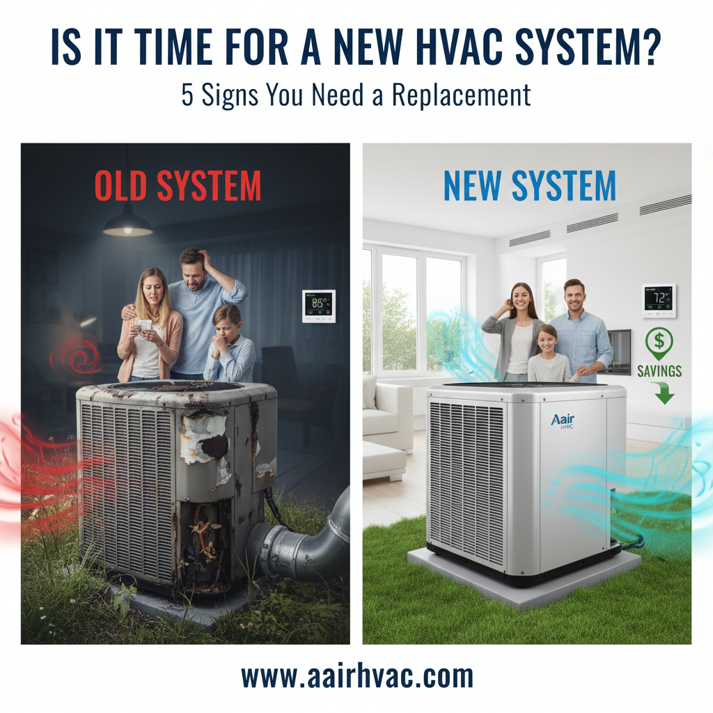 Comparison image showing an old, rusty outdoor HVAC unit with an unhappy family on the left labeled “Old System,” and a new modern HVAC unit with a smiling family in a bright home on the right labeled “New System,” highlighting comfort and energy savings.