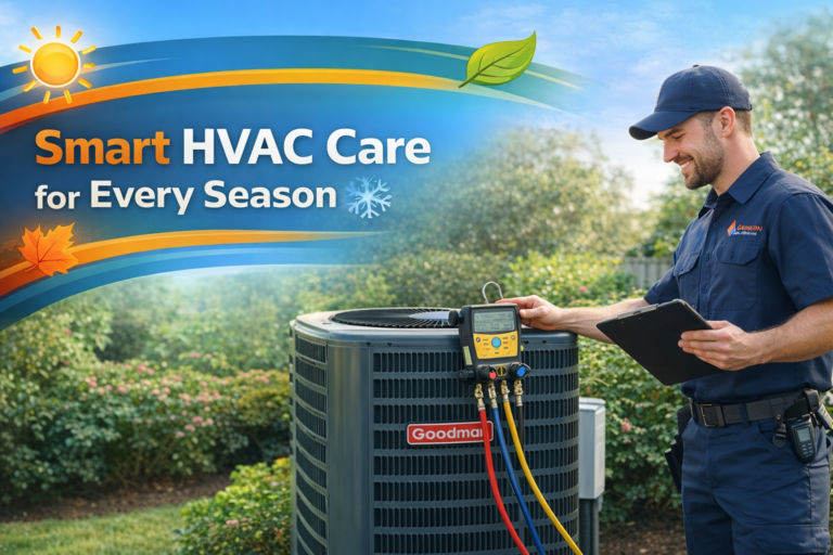HVAC technician servicing outdoor air conditioning unit with text “Smart HVAC Care for Every Season”.