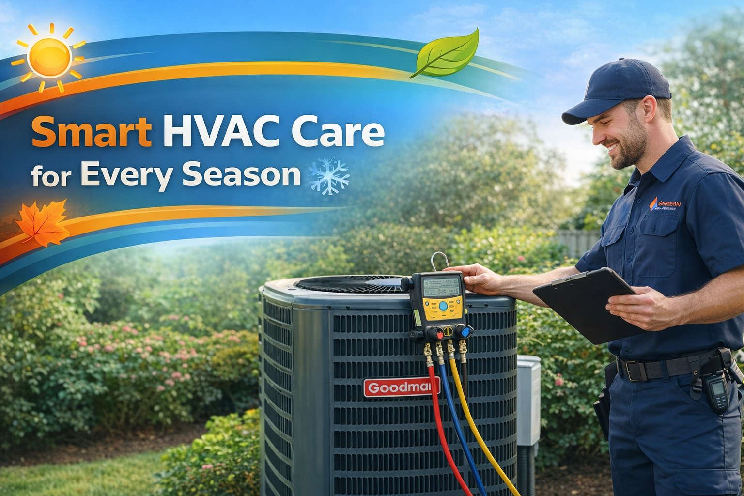 HVAC technician servicing outdoor air conditioning unit with text “Smart HVAC Care for Every Season”.