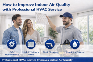 HVAC technician showing clean air filter to homeowners to improve indoor air quality