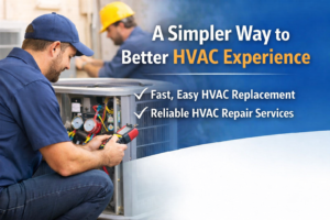 Professional HVAC technician performing air conditioning repair and replacement service for residential home