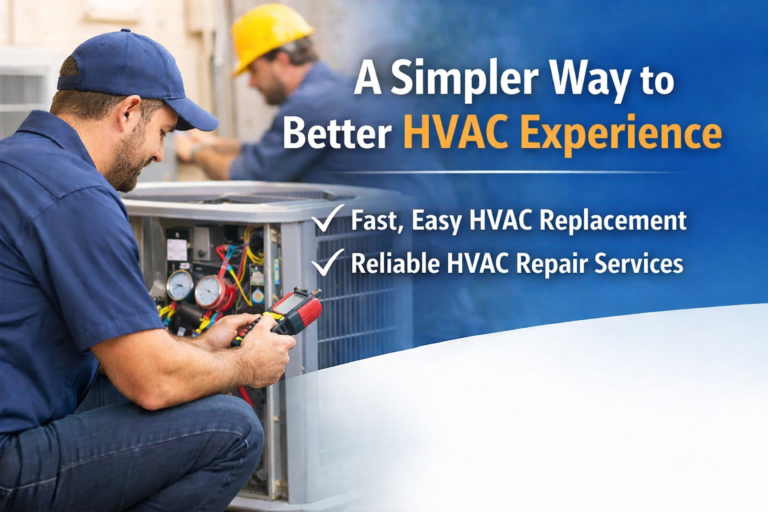 Professional HVAC technician performing air conditioning repair and replacement service for residential home