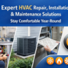 Professional HVAC technician performing residential air conditioning repair, new HVAC system installation, furnace filter replacement, and smart thermostat setup for year-round home comfort