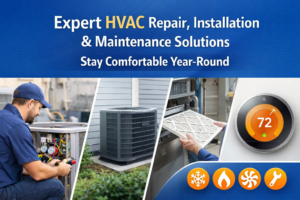 Professional HVAC technician performing residential air conditioning repair, new HVAC system installation, furnace filter replacement, and smart thermostat setup for year-round home comfort