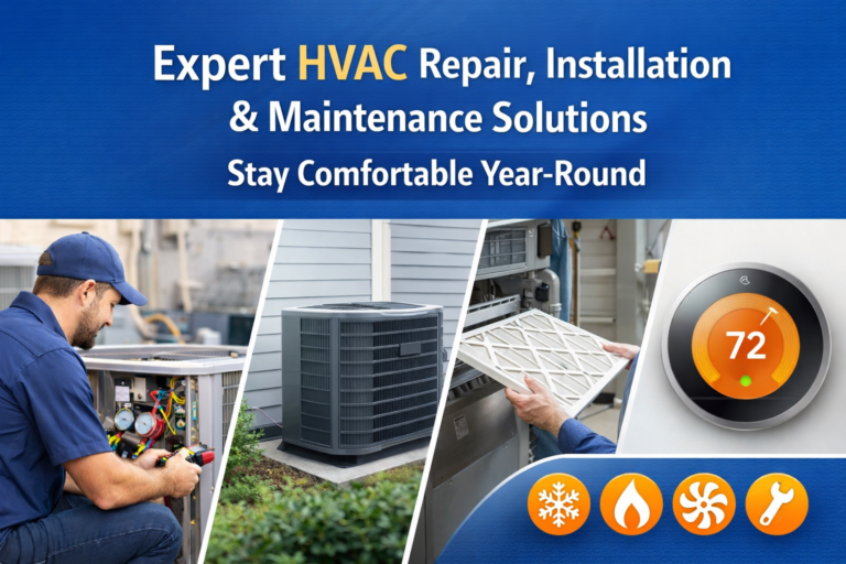 Professional HVAC technician performing residential air conditioning repair, new HVAC system installation, furnace filter replacement, and smart thermostat setup for year-round home comfort