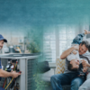 HVAC technician repairing an outdoor air conditioning unit while a happy family relaxes comfortably indoors, promoting reliable HVAC repair and installation services.