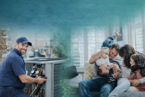 HVAC technician repairing an outdoor air conditioning unit while a happy family relaxes comfortably indoors, promoting reliable HVAC repair and installation services.