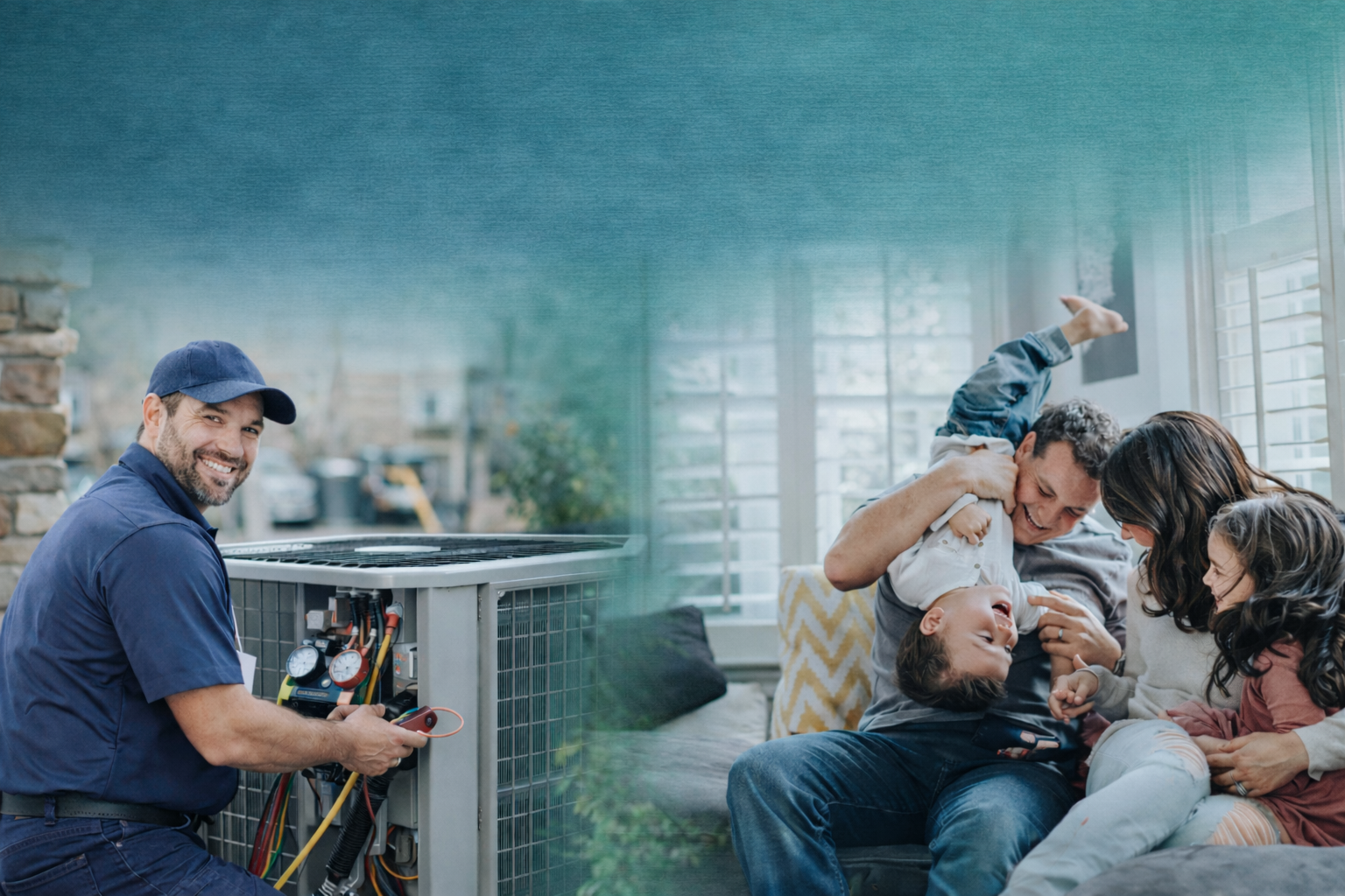 HVAC technician repairing an outdoor air conditioning unit while a happy family relaxes comfortably indoors, promoting reliable HVAC repair and installation services.