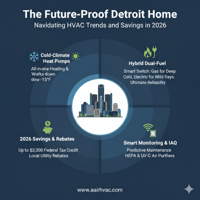 "Diagram of a dual-fuel HVAC system combining an electric heat pump with a gas furnace for maximum efficiency in Michigan."