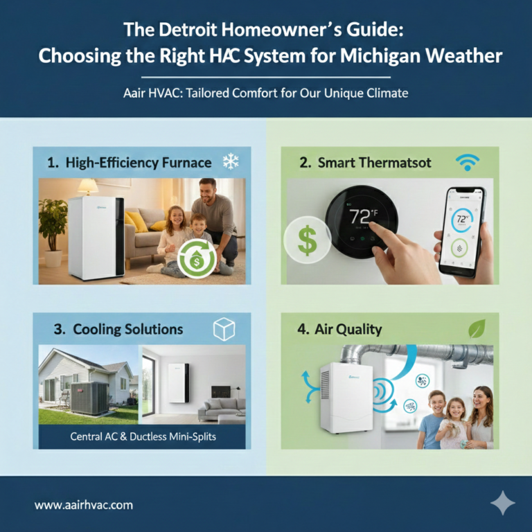 A professional Aair HVAC technician installing a new high-efficiency heating and cooling system in a Michigan home.