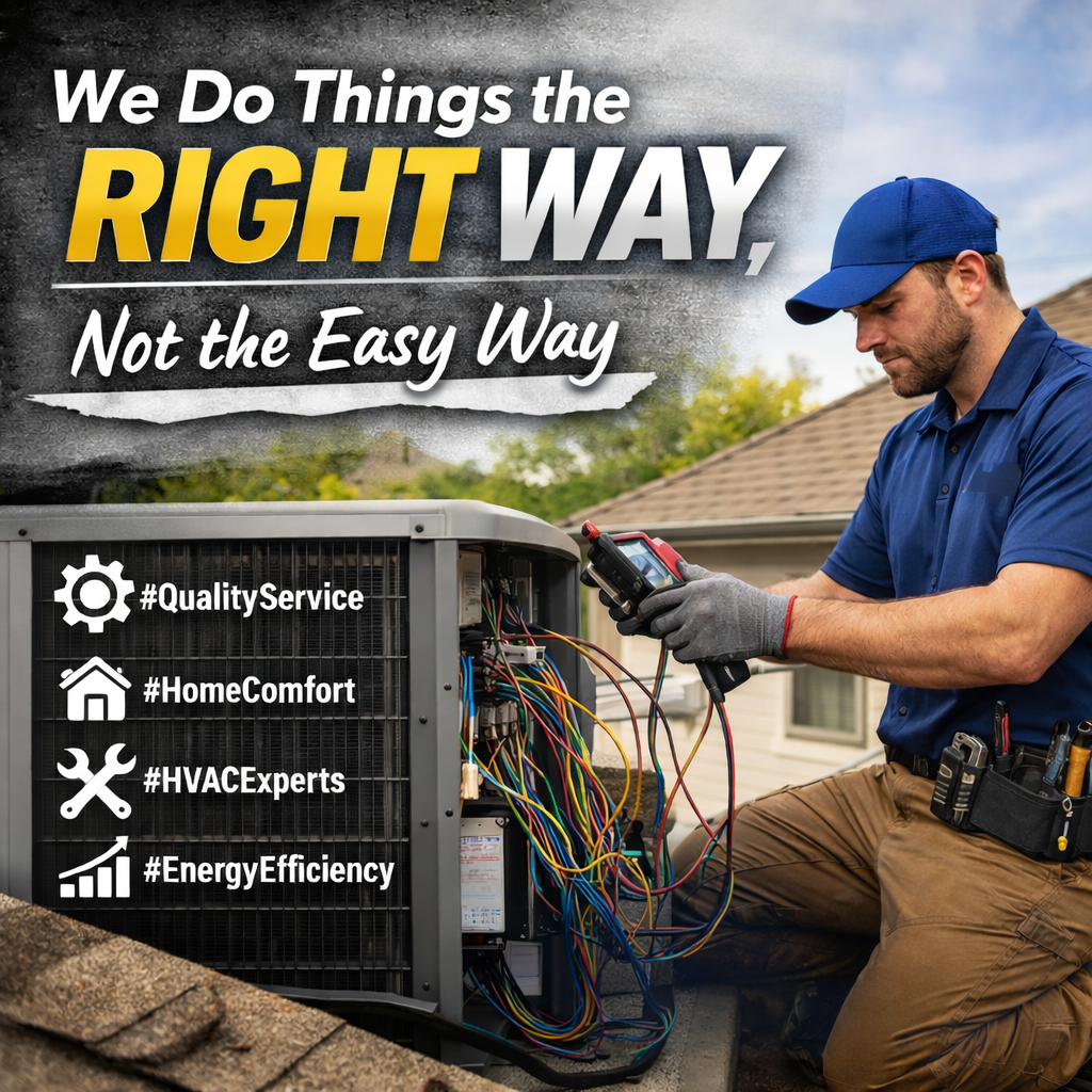 Professional HVAC technician inspecting and repairing an outdoor air conditioning unit with tools, promoting quality HVAC service with the message “We Do Things the Right Way, Not the Easy Way.”
