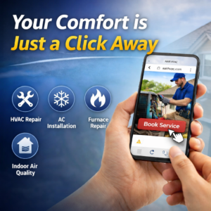 Hand holding smartphone booking HVAC service online with technician repairing air conditioner, representing fast and reliable heating and cooling services.