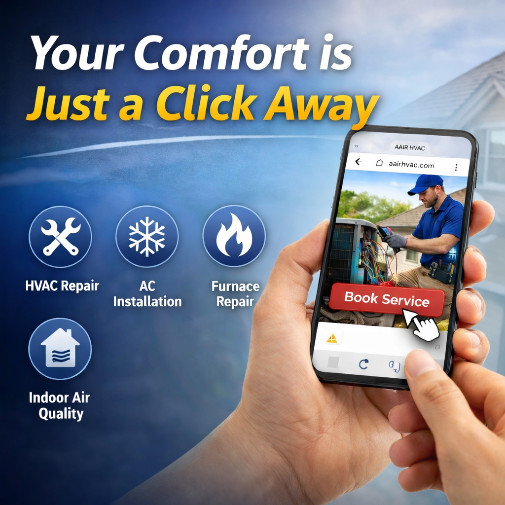 Hand holding smartphone booking HVAC service online with technician repairing air conditioner, representing fast and reliable heating and cooling services.