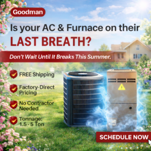 Modern air conditioning condenser and furnace system in a spring garden setting with cool airflow effect, representing energy-efficient HVAC cooling and maintenance.