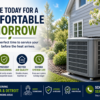 Spring HVAC maintenance image showing technician inspecting outdoor AC condenser with cool airflow near a house and family enjoying comfort.