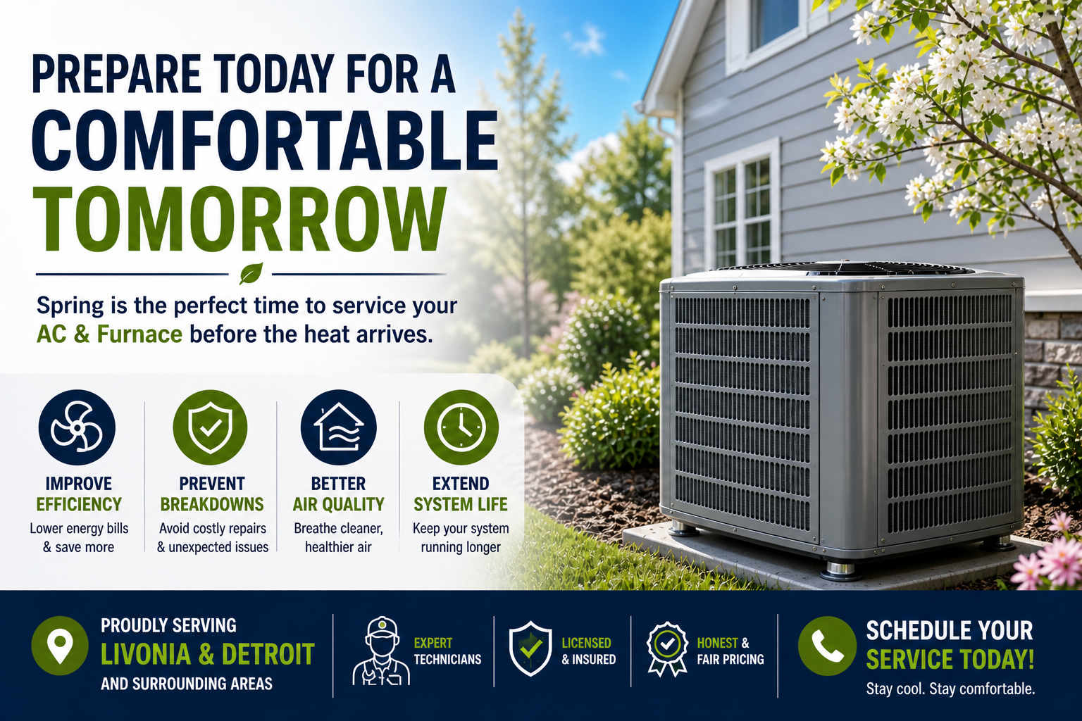 Spring HVAC maintenance image showing technician inspecting outdoor AC condenser with cool airflow near a house and family enjoying comfort.